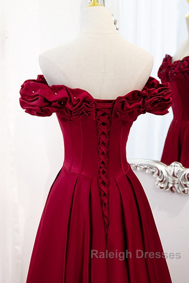 Noble And Elegant Wine Red Sleeveless Off Shoulder Beaded Ball Dress With Wine Red A-Shaped Backless Strap And Ground Length Ruffled Hem Prom Dress