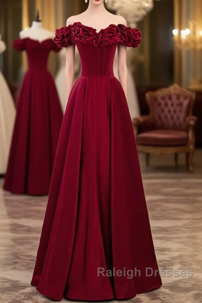 Noble And Elegant Wine Red Sleeveless Off Shoulder Beaded Ball Dress With Wine Red A-Shaped Backless Strap And Ground Length Ruffled Hem Prom Dress Main image