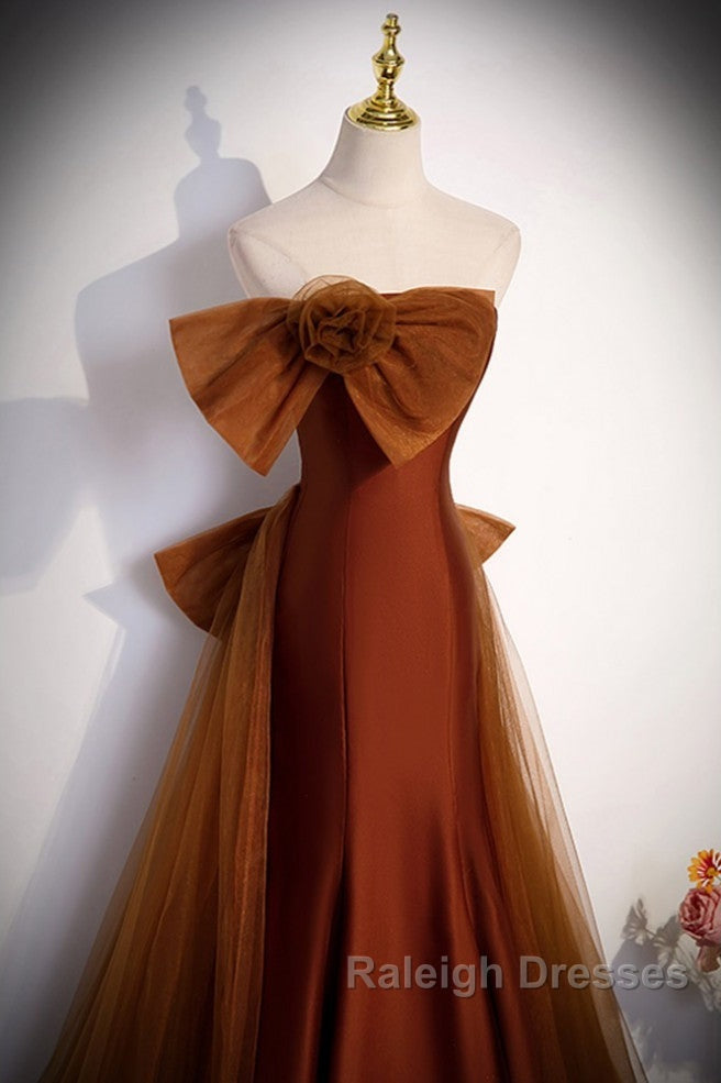 Noble And Unique Chocolate Sleeveless Prom Dresses Chocolate Mermaid Strapless Tulle Butterfly Knot Dew Back Strap Long And Floor Prom Dresses