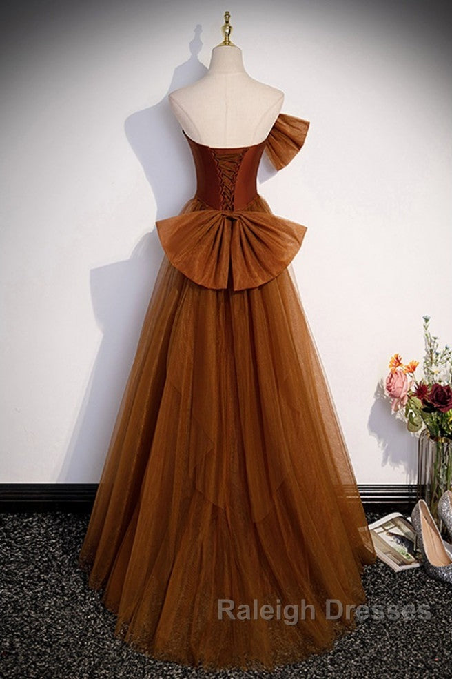 Noble And Unique Chocolate Sleeveless Prom Dress Chocolate Mermaid Strapless Tulle Butterfly Knot Dew Back Strap Long And Floor Evening Dress