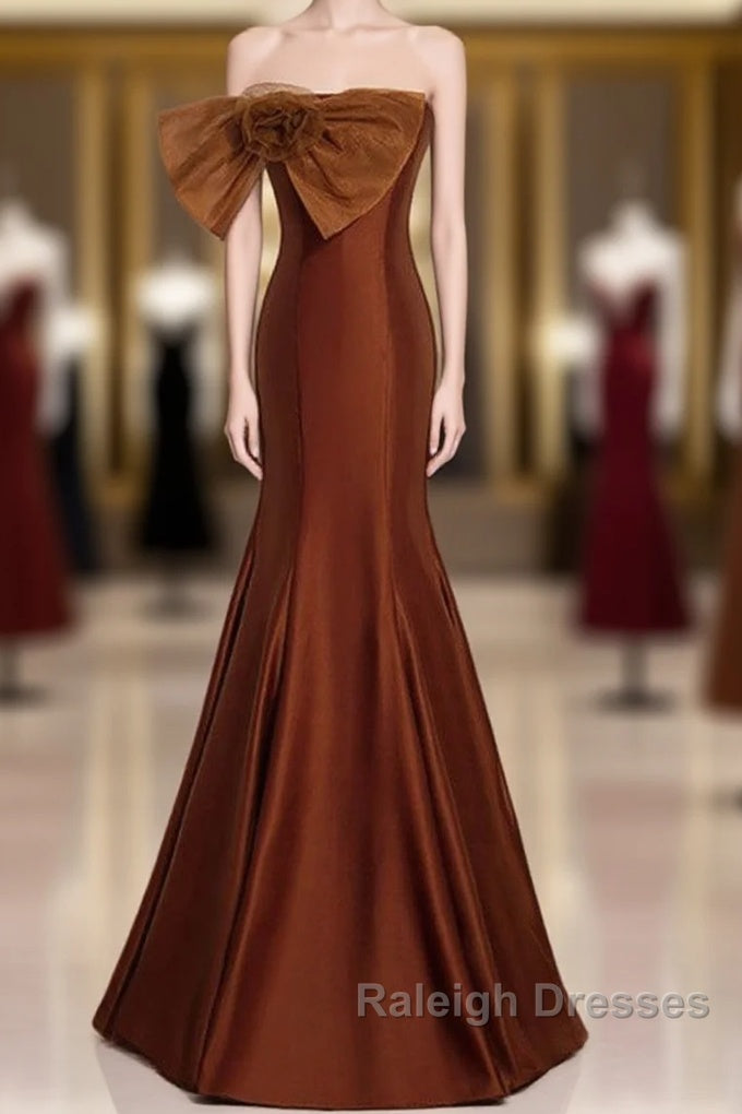 Noble And Unique Chocolate Sleeveless Prom Dresses Chocolate Mermaid Strapless Tulle Butterfly Knot Dew Back Strap Long And Floor Prom Dresses