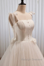 Noble And Unique White Pearl Sleeveless Off Shoulder Bow Ball Dresses With White Thin Shoulder Strap Off Back Tie And Floor Length Tail Prom Dresses