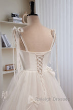 Noble And Unique White Pearl Sleeveless Off Shoulder Bow Ball Dress With White Thin Shoulder Strap Off Back Tie And Floor Length Tail Evening Dress