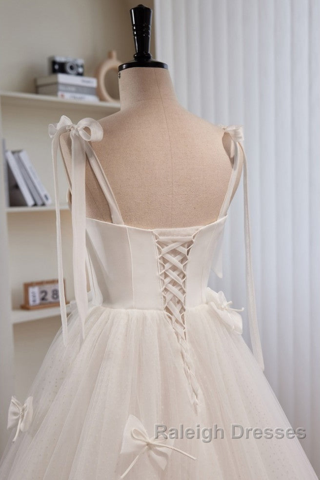 Noble And Unique White Pearl Sleeveless Off Shoulder Bow Ball Dresses With White Thin Shoulder Strap Off Back Tie And Floor Length Tail Prom Dresses