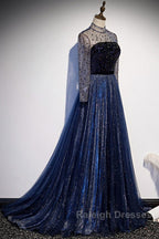 Noble Navy Blue Perspective High Neck Long Sleeved Water Diamond Sequin Ball Dresses Navy Blue A-Line Princess Sparkling Backless Tulle Sweeping Tail Ruffle Edge Prom Dresses