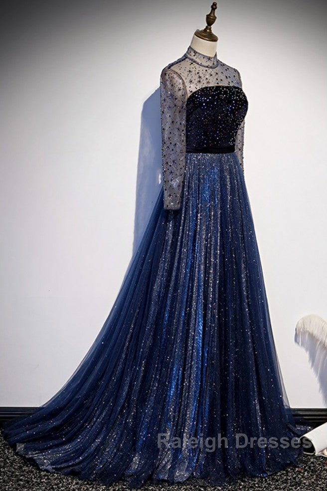 Noble Navy Blue Perspective High Neck Long Sleeved Water Diamond Sequin Ball Dresses Navy Blue A-Line Princess Sparkling Backless Tulle Sweeping Tail Ruffle Edge Prom Dresses