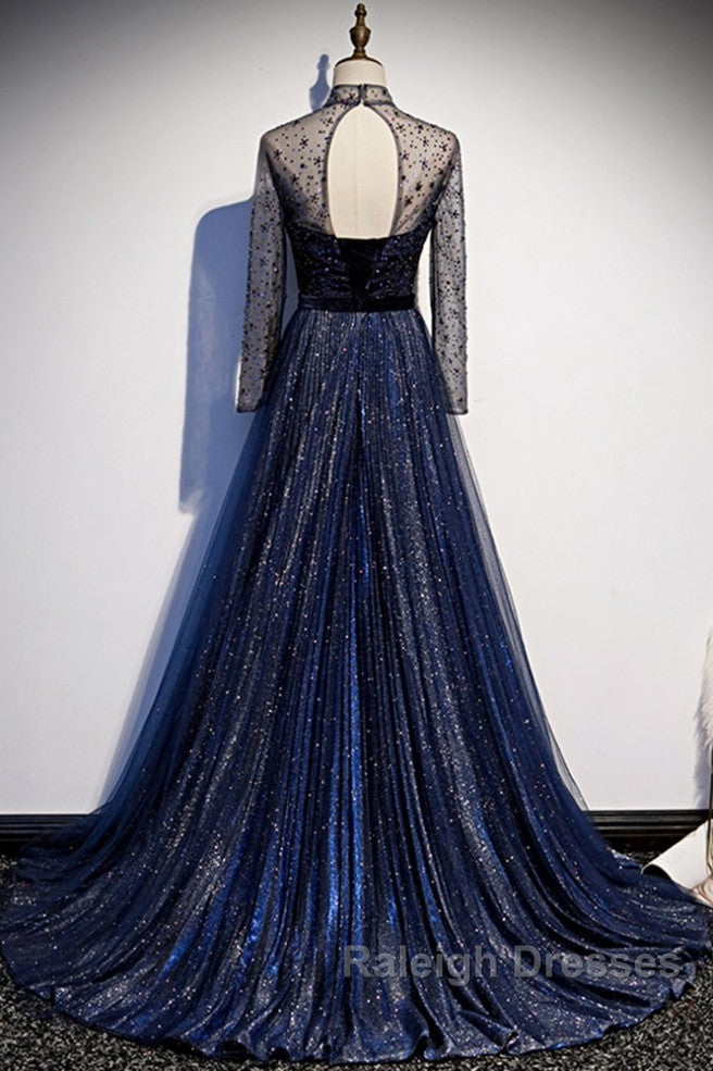 Noble Navy Blue Perspective High Neck Long Sleeved Water Diamond Sequin Ball Dress Navy Blue A-Line Princess Sparkling Backless Tulle Sweeping Tail Ruffle Edge Evening Dress
