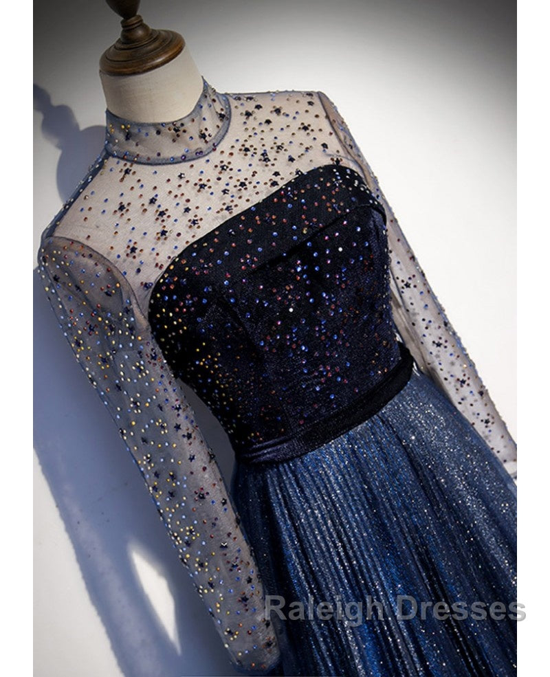 Noble Navy Blue Perspective High Neck Long Sleeved Water Diamond Sequin Ball Dress Navy Blue A-Line Princess Sparkling Backless Tulle Sweeping Tail Ruffle Edge Evening Dress