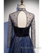 Noble Navy Blue Perspective High Neck Long Sleeved Water Diamond Sequin Ball Dresses Navy Blue A-Line Princess Sparkling Backless Tulle Sweeping Tail Ruffle Edge Prom Dresses