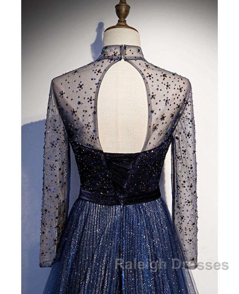 Noble Navy Blue Perspective High Neck Long Sleeved Water Diamond Sequin Ball Dresses Navy Blue A-Line Princess Sparkling Backless Tulle Sweeping Tail Ruffle Edge Prom Dresses