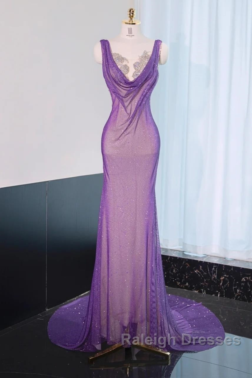 Noble Purple Mermaid Gown - Glitter Rhinestone Tulle Prom Dresses For Special Ocassions