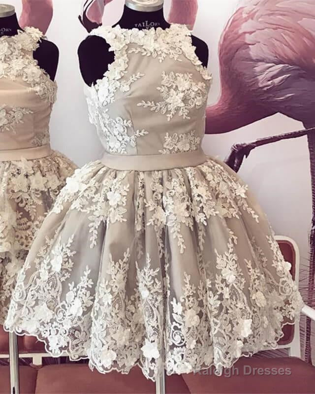 Nude Halter Homecoming Dresses With Ivory Lace Flowers Main image