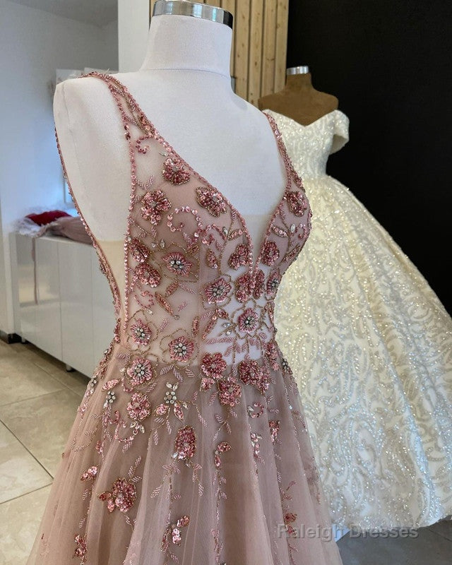 Nude Tulle Prom Dresses V Neck Beaded