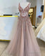 Nude Tulle Prom Dresses V Neck Beaded