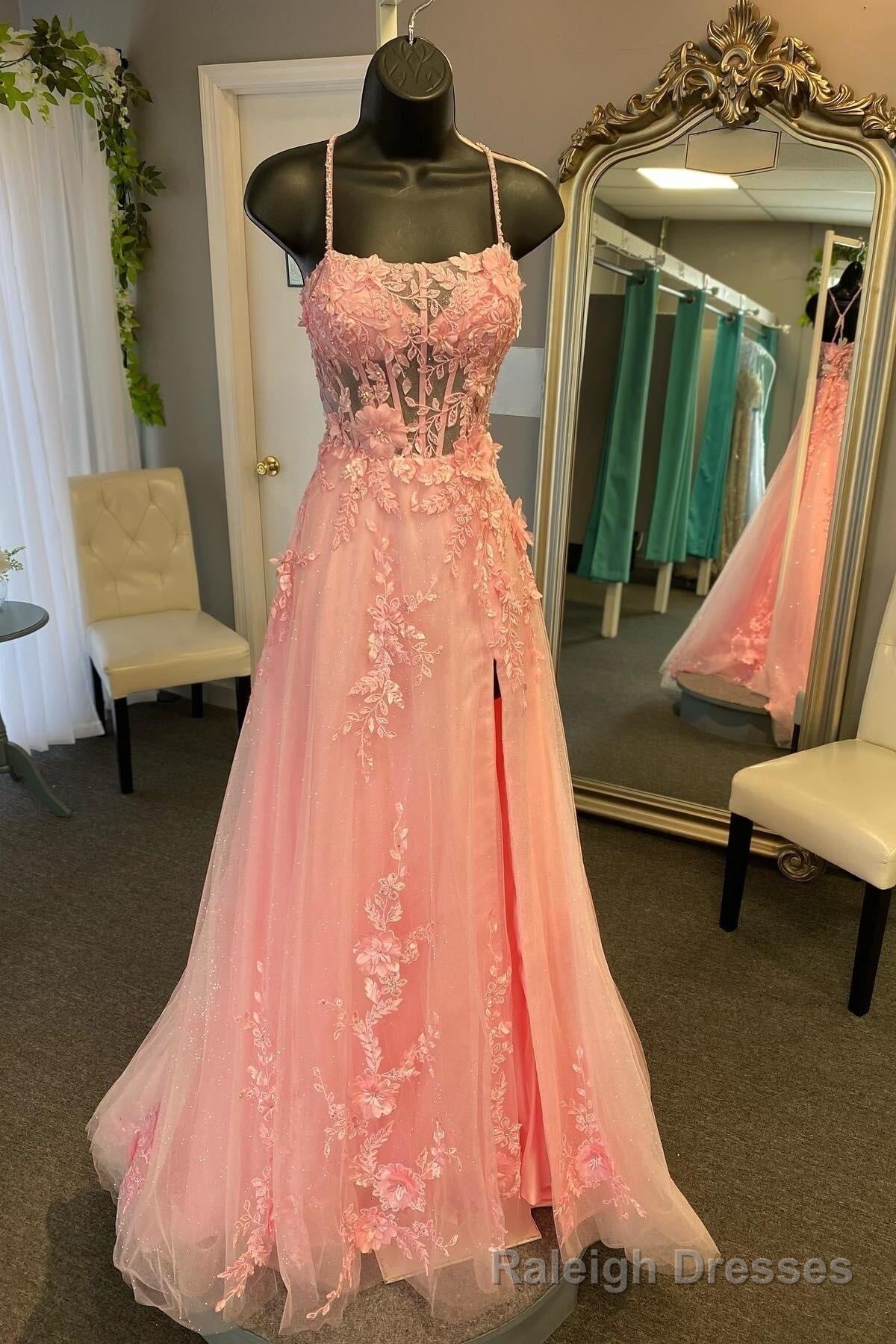 Straps Pink Floral Embroidered A-line Long Formal Dress