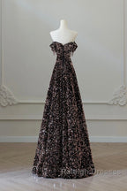 Off Shoulder A-Line Coffee Gold Sequin Long Prom Dress, Coffee Gold Evening Dress