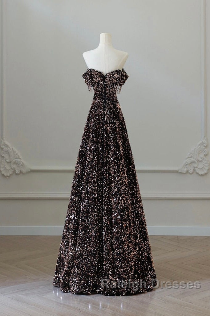 Off Shoulder A-Line Coffee Gold Sequin Long Prom Dress, Coffee Gold Evening Dress