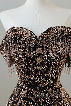 Off Shoulder A-Line Coffee Gold Sequin Long Prom Dress, Coffee Gold Evening Dress