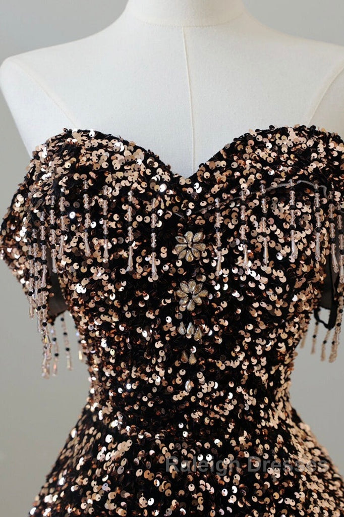 Off Shoulder A-Line Coffee Gold Sequin Long Prom Dresses Coffee Gold Prom Dresses