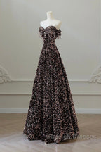 Off Shoulder A-Line Coffee Gold Sequin Long Prom Dresses Coffee Gold Prom Dresses