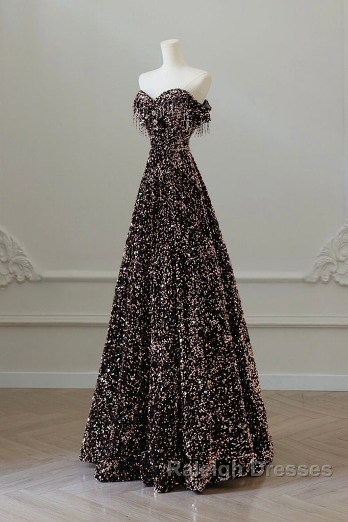 Off Shoulder A-Line Coffee Gold Sequin Long Prom Dresses Coffee Gold Prom Dresses