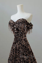 Off Shoulder A-Line Coffee Gold Sequin Long Prom Dresses Coffee Gold Prom Dresses