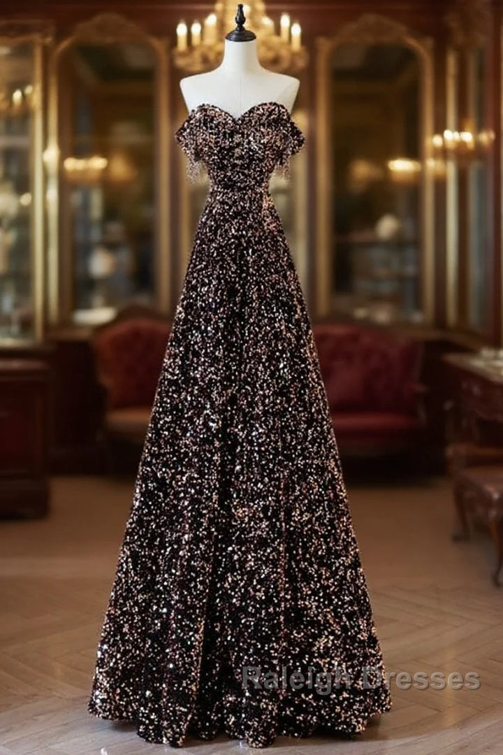 Off Shoulder A-Line Coffee Gold Sequin Long Prom Dress, Coffee Gold Evening Dress