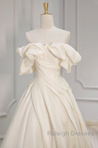 Off Shoulder A-Line Satin Beige Long Prom Dress, Beige Long Formal Dress