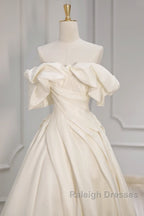 Off Shoulder A-Line Satin Beige Long Prom Dresses Beige Long Prom Dresses