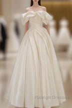 Off Shoulder A-Line Satin Beige Long Prom Dress, Beige Long Formal Dress