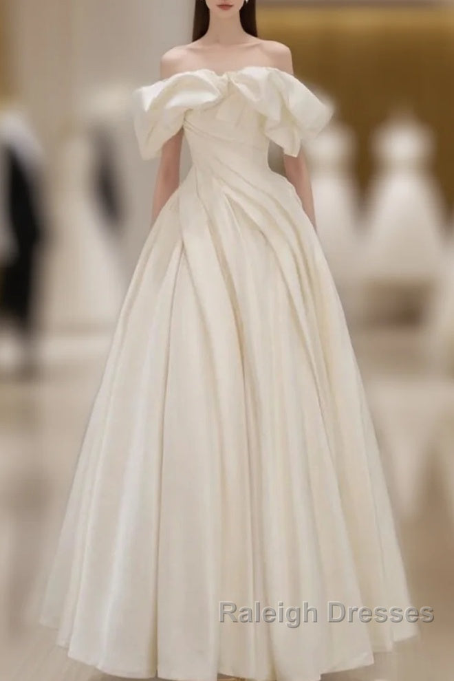 Off Shoulder A-Line Satin Beige Long Prom Dress, Beige Long Formal Dress