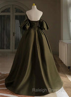Off Shoulder A-Line Satin Green Long Prom Dresses Green Prom Dresseses