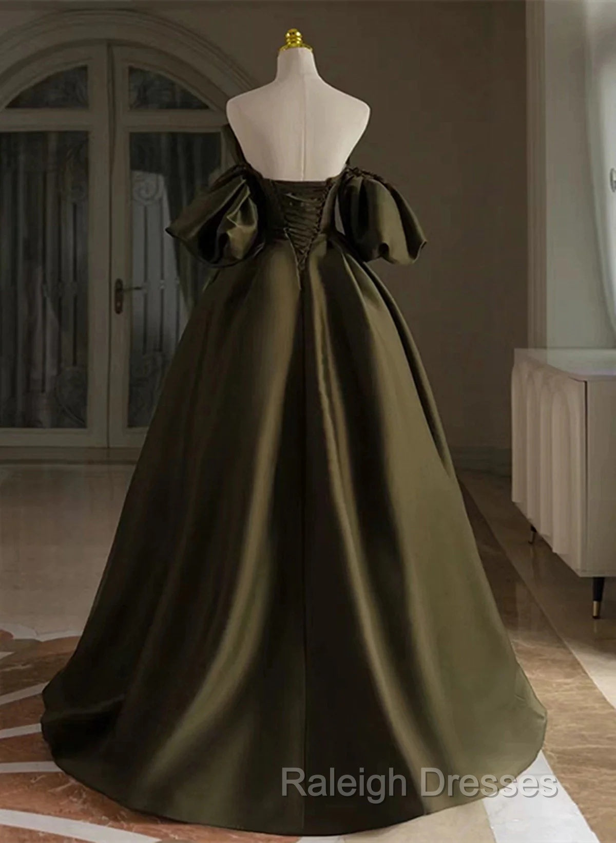 Off Shoulder A-Line Satin Green Long Prom Dresses Green Prom Dresseses