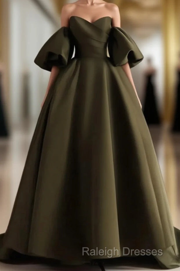 Off Shoulder A-Line Satin Green Long Prom Dresses Green Prom Dresseses Main image