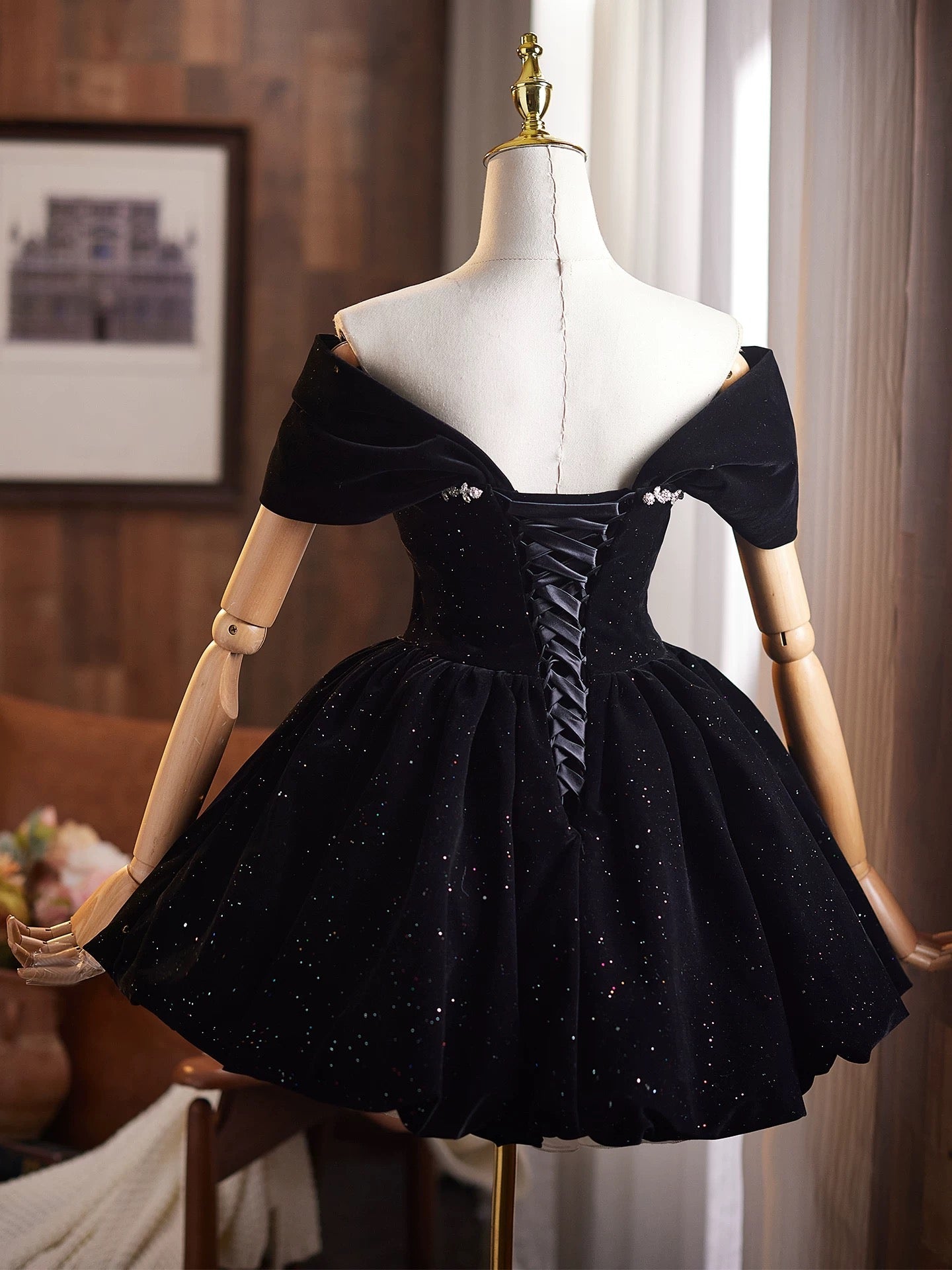 Off Shoulder A-Line Velvet Black Formal Prom Dress, Black Homecoming Dress Secondary image