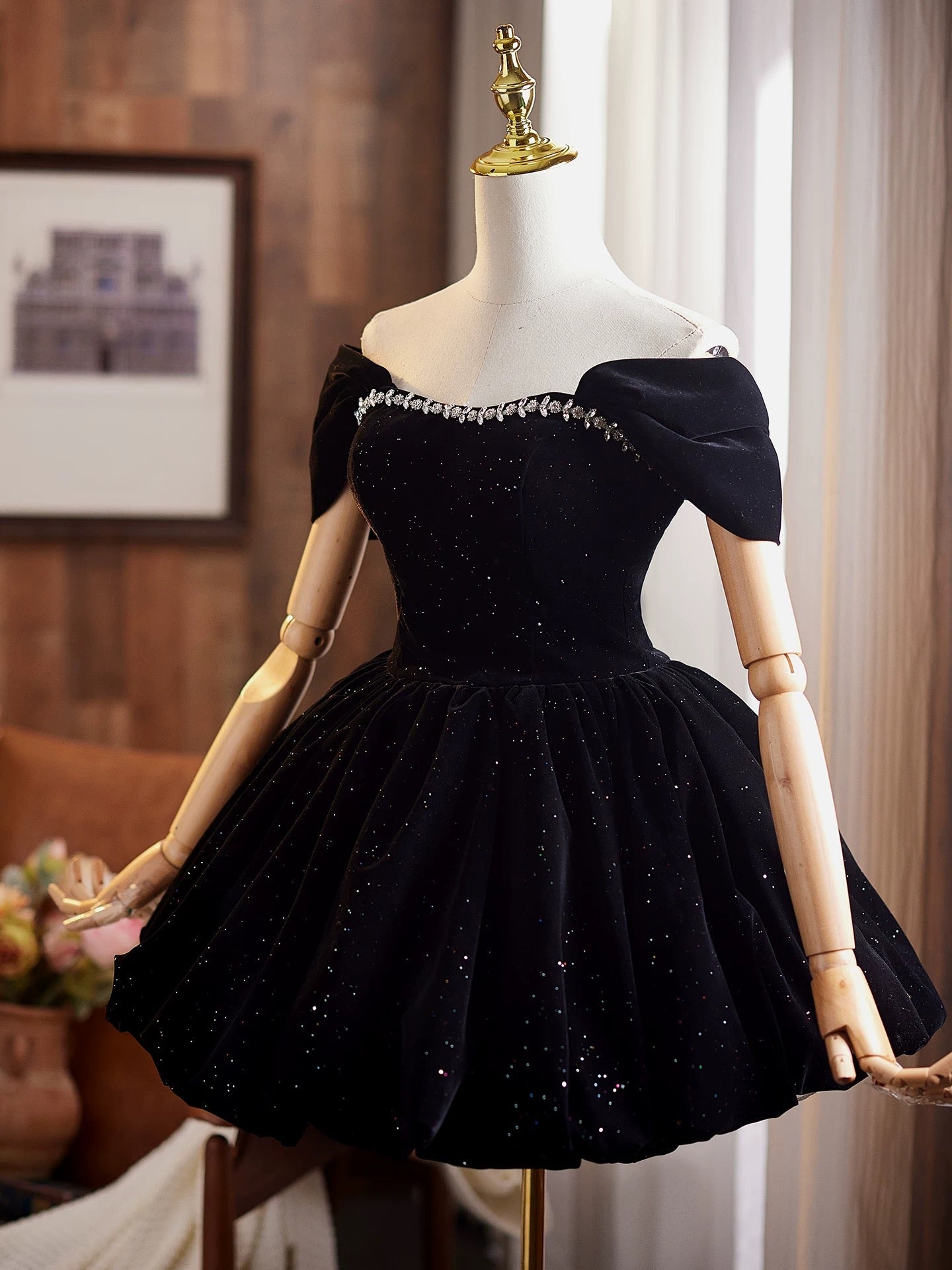 Off Shoulder A-Line Velvet Black Formal Prom Dress, Black Homecoming Dress