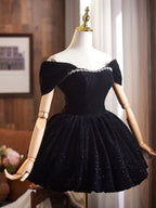 Off Shoulder A-Line Velvet Black Formal Prom Dress, Black Homecoming Dress