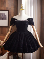 Off Shoulder A-Line Velvet Black Formal Prom Dress, Black Homecoming Dress