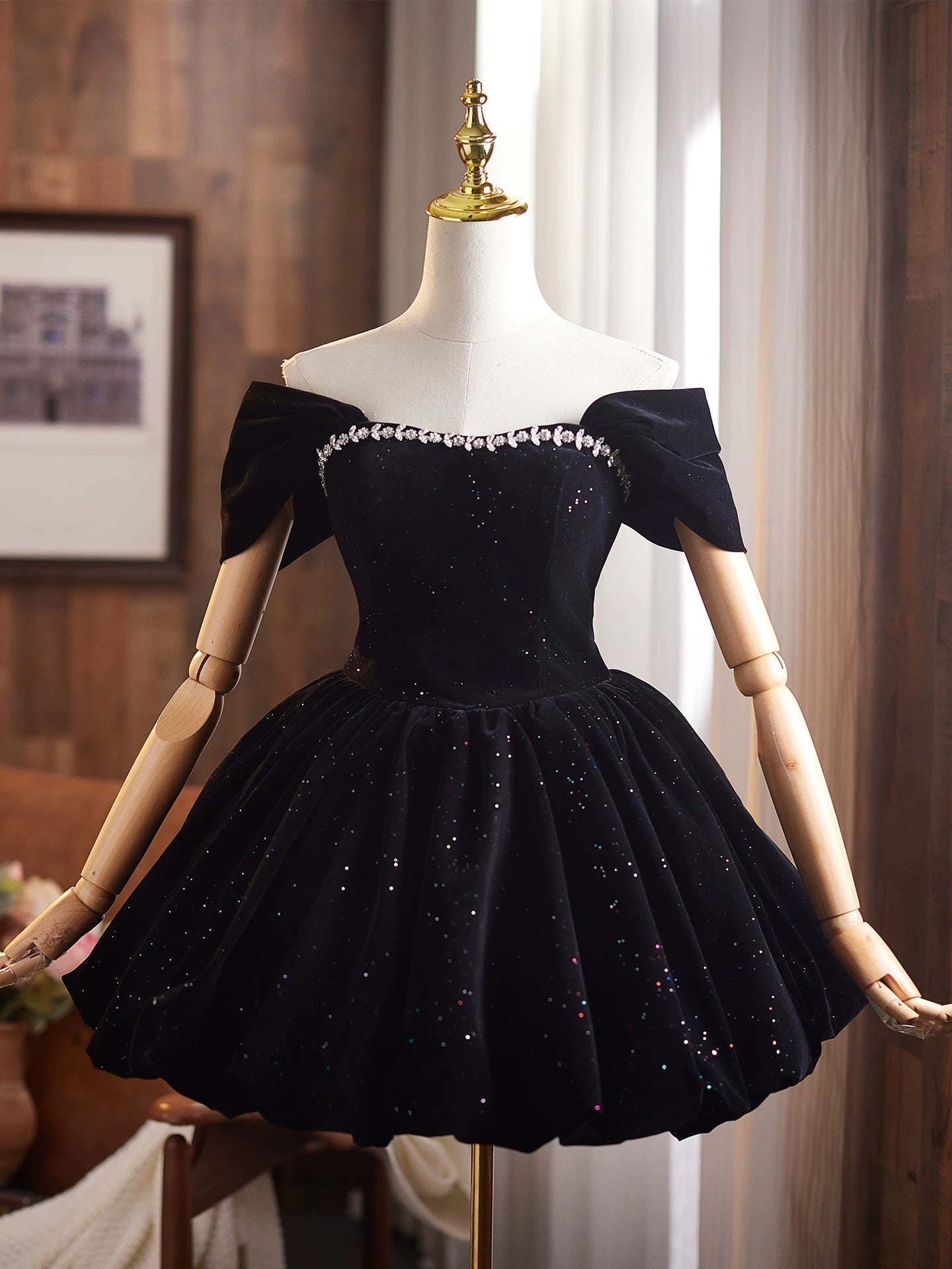 Off Shoulder A-Line Velvet Black Formal Prom Dress, Black Homecoming Dress