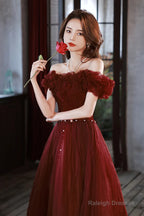 Off Shoulder Beaded Tulle Long Prom Dresses A-Line Tulle Long Prom Dresseses