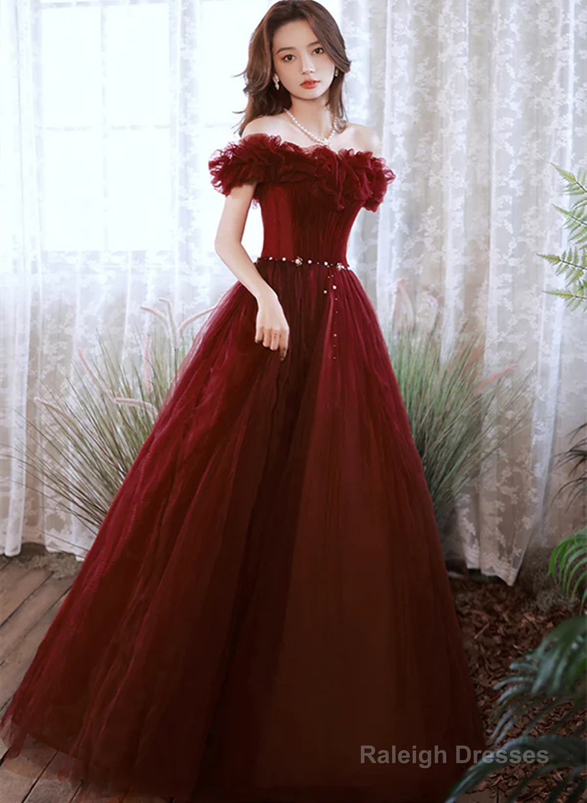 Off Shoulder Beaded Tulle Long Party Dress, A-Line Tulle Long Formal Dress Prom Dress Main image