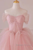 Off Shoulder Beading Pink Tulle Princess Prom Dresses