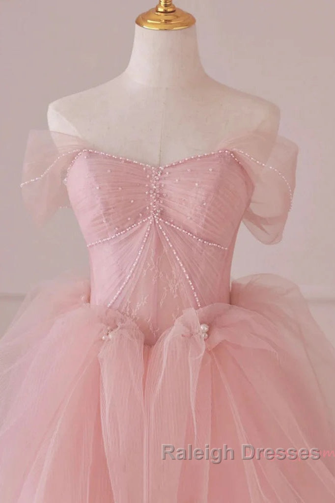 Off Shoulder Beading Pink Tulle Princess Prom Dresses
