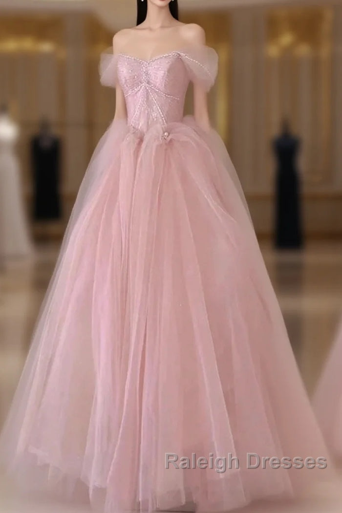 Off Shoulder Beading Pink Tulle Princess Prom Dresses Main image