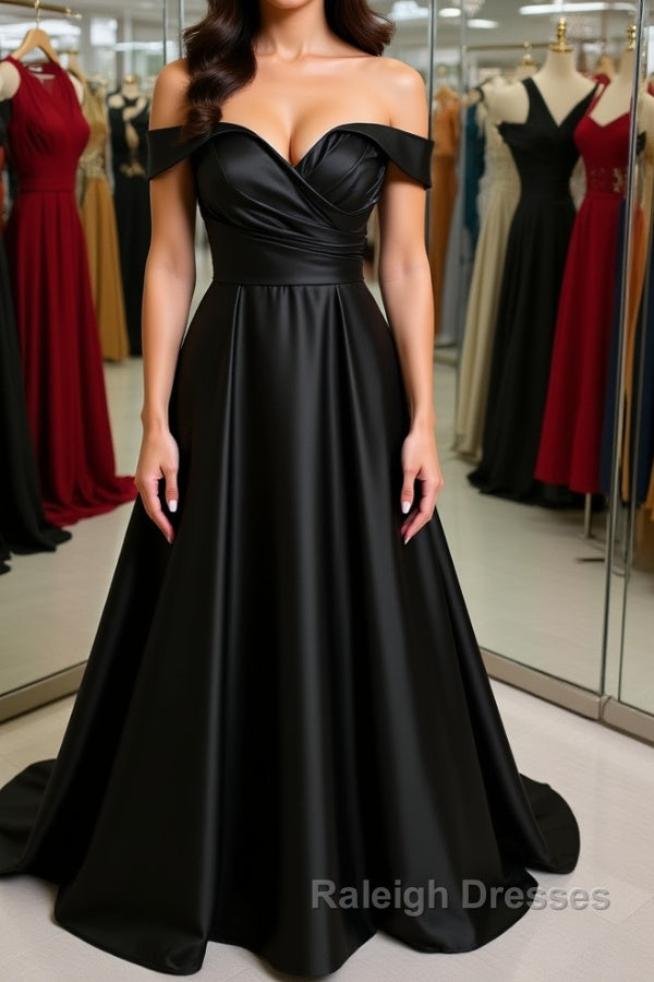 Off Shoulder Black Satin Long Prom Dress, Long Black Formal Graduation Evening Dress Main image