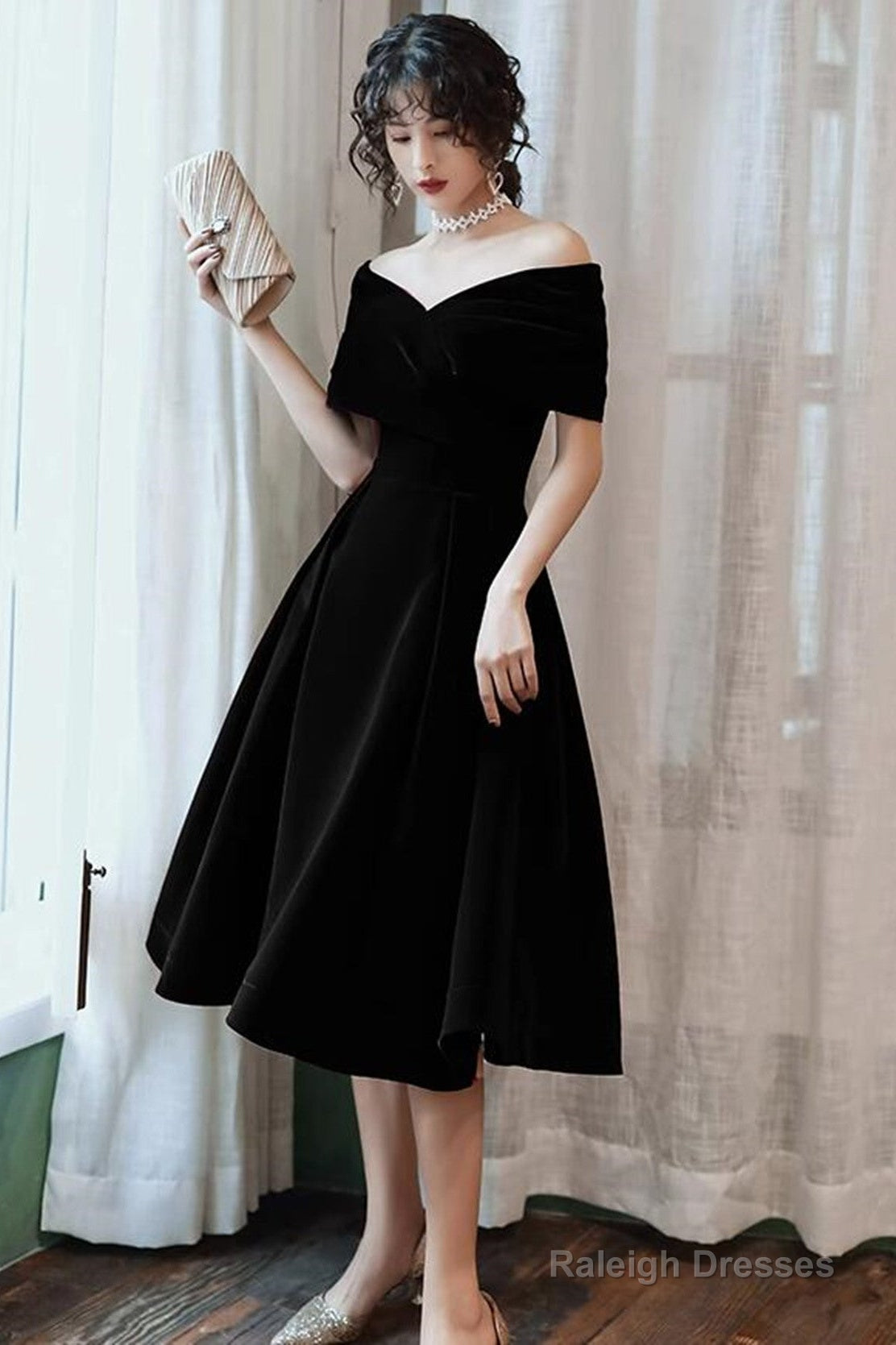 Off Shoulder Black Velvet Tea Length Party Dress, Off Shoulder Velvet Homecoming Dress
