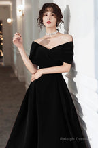 Off Shoulder Black Velvet Tea Length Party Dress, Off Shoulder Velvet Homecoming Dress