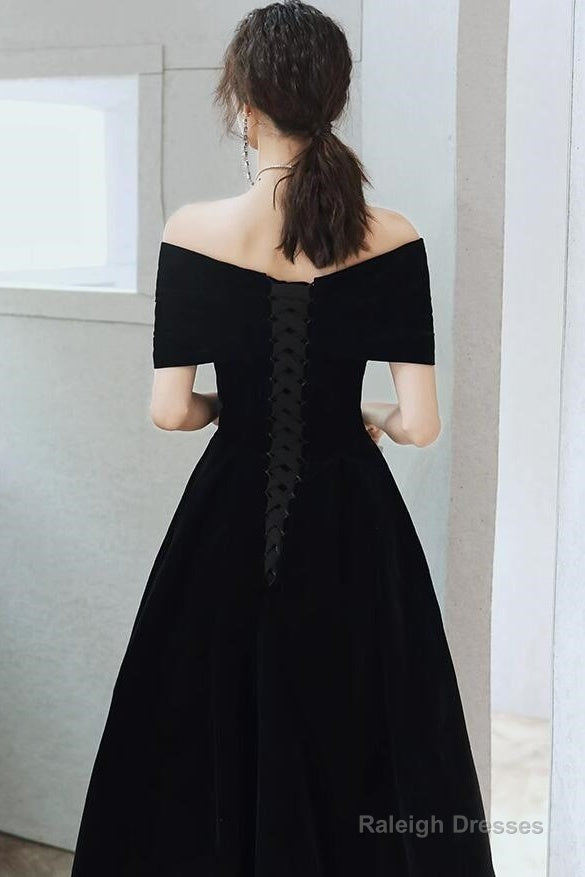 Off Shoulder Black Velvet Tea Length Party Dress, Off Shoulder Velvet Homecoming Dress