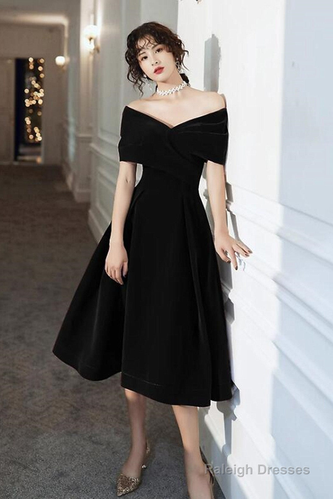 Off Shoulder Black Velvet Tea Length Party Dress, Off Shoulder Velvet Homecoming Dress Main image