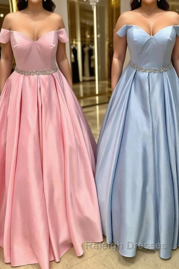 Off Shoulder Blue Long Prom Dresses with Belt, Pink Formal Dresses, Blue Evening Dresses Main image